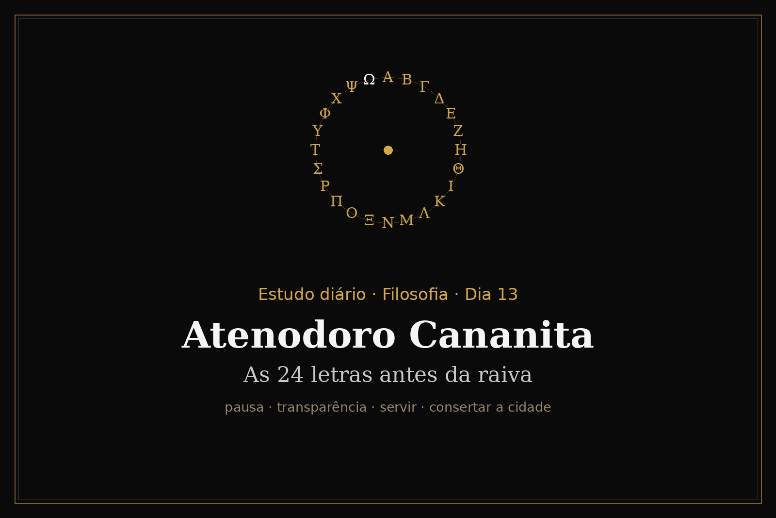 Card do estudo: Atenodoro Cananita — as 24 letras antes da raiva. Um círculo com as 24 letras do alfabeto grego.