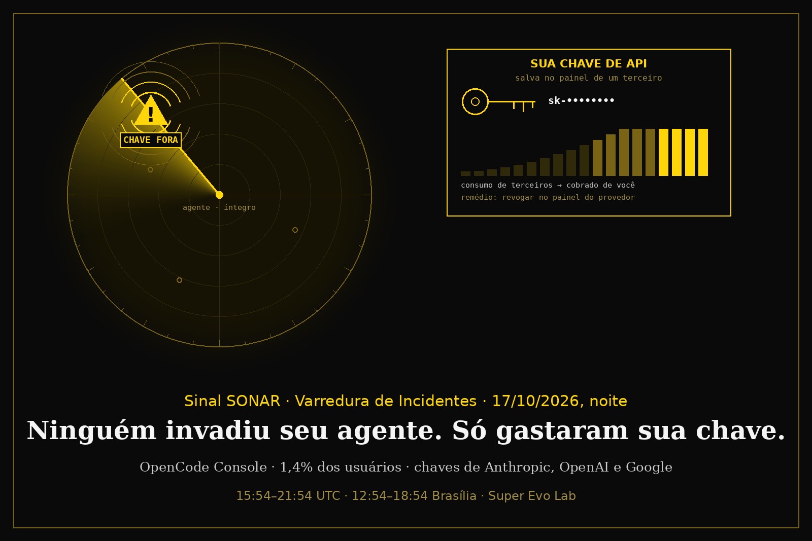 Tela de radar do SONAR em amarelo sobre preto: no centro, um ponto marcado agente · íntegro; o feixe aponta para um alerta com ondas de sonar e o rótulo CHAVE FORA. Ao lado, um painel SUA CHAVE DE API, salva no painel de um terceiro, com a chave mascarada sk-•••••••• e barras de consumo subindo: consumo de terceiros cobrado de você.